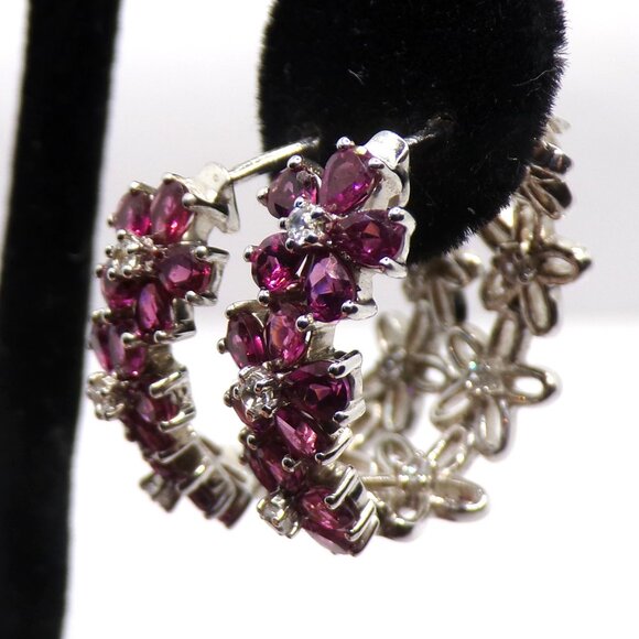 Chuck Clemency Sterling Silver Rhodolite Garnet Flowers Hoop Earrings - Picture 6 of 8